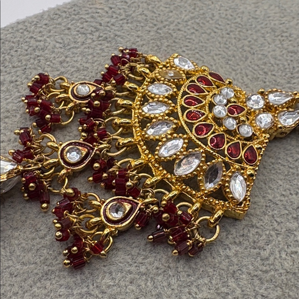 Elegant Gold Plated Indian Rhinestone Red Chandelier Necklace - Picture 5 of 5